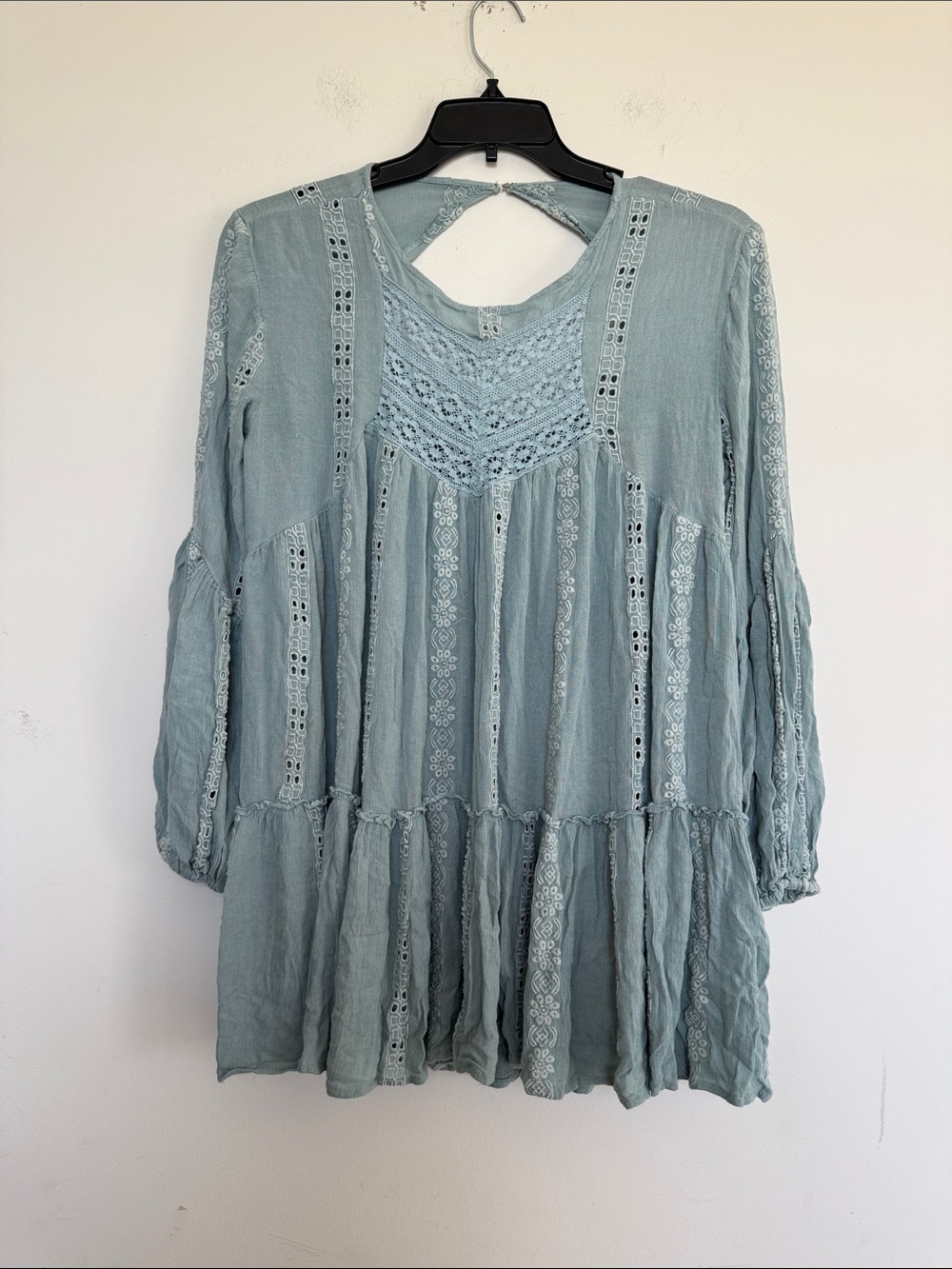 Free People Sage Blue Crochet Peasant Mini Dress
